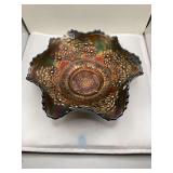 Fenton Carnival Glass Bowl, Floral and Lattice Pattern, Iridescent Finish