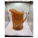 Imperial Carnival Glass Pitcher, Marigold Color, Bird and Flower Design