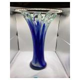 Hand Blown Blue And White Swirled Crimped Vase