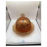 Imperial Carnival Glass Butter Dish with Lid, Floral Pattern, Iridescent