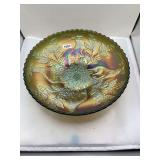 Fenton Carnival Glass Footed Bowl, Holly and Deer Motif