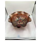 Northwood Carnival Glass Footed Bowl, Grape Pattern, Iridescent