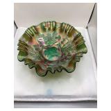 Fenton Green Carnival Glass Bowl, Thistle Pattern, Ruffled Edge