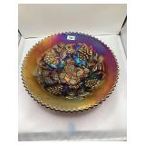 Northwood Carnival Glass Footed Bowl, Grape Pattern, Iridescent Finish