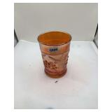 Fenton Carnival Glass Tumbler, Water Lily and Cattails Pattern, Orange Iridescent