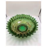 Fenton Green Carnival Glass Bowl, Peacock Tail Pattern, Ruffled Edge