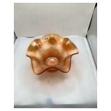 Fenton Carnival Glass Footed Bowl, Oak Leaf Pattern, Peach Iridescence