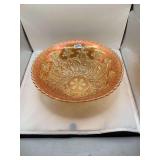 Imperial Marigold Carnival Glass Bowl with Floral and Geometric Pattern