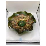 Fenton Carnival Glass Bowl, Peacock and Grape Pattern, Green Iridescence