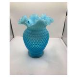 Fenton Blue Opalescent Hobnail Ruffled Vase