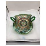 Fenton Green Carnival Glass Two-Handle Bowl, Butterfly Motif
