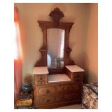 Ornate Wood Dresser with Mirror and Marble Inserts