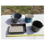 Granite / Enamelware Kitchen Containers: Three Pots and One Tray