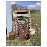 Assorted Outdoor Items Including Pallet, Gate, Bucket, Basket and Wheelbarrow
