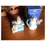 Sakura Snowman Sugar and Creamer Set Hand Painted Earthenware