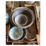 Assorted Enamelware Bowls and Ladle