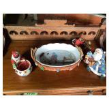 Christmas Themed Decorative Items: Ceramic Bowl, Figurines, and Candle Holder
