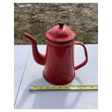 Red Enameled Metal Coffee Pot with Lid