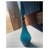 Teal Glass Bottle with Stopper, Fruit Motif, Decorative Glass