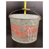 Galvanized Metal Bucket with Red Stripe Design and Wood Handle