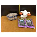 Assorted Collectibles Including Ghost Figure, Halloween Novelties, and Sewing Kit