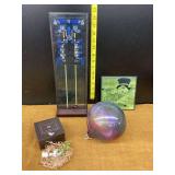 Glass Panel with Stand, Alise Sheehan Wishnest, Hand Blown Glass Orb, and Decorative Tile Assortment