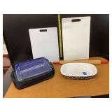 Kitchenware Lot with Cutting Boards, Glass Baking Dishes, Dansk Dish, and Rolling Pin