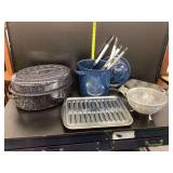 Assorted Kitchenware Lot Including Roaster, Pot, Utensils, and Baking Pans