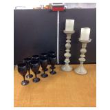 Black Wine Glasses and Two Decorative Candlestick Holders