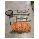 Fishing Net, Metal Decorative Pieces, and Leather Bag Lot