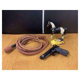 Assorted Toys: Toy Gun, Car, Whip, and Horse Figurine