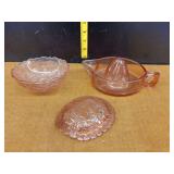 Pink Depression Glass Lemon Reamer, Bowl, and Lid Set