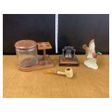 Assorted Collectibles: Pipe Holder, Liberty Bell Replica, Duck Figurine, and Corn Cob Pipe