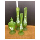 Green Satin Glass Collection with Floral Decoration