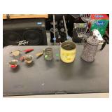 Group of Enamelware Strainers, Sifters, and Kettle