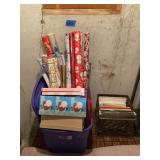 Christmas paper, ribbons, etc. & crate w/file folders, paper