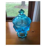 Blue Glass Pedestal Lidded Candy Dish