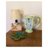 Decorative Ceramic Pitcher, Leaf Shaped Tray, and Figural Lamp