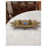 Ornate Brass Desk Inkwell Stand