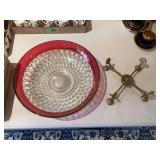 Crystal Bowl with Red Rim and Brass Stand