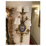 2 Antique Gilt Bronze Sconce Porcelain Plaque Server French Lamps Fixtures Brass