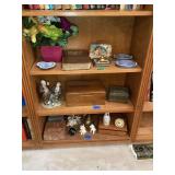 Shelf Lot with Animal Figurines, Clock, Decorative Box, and Religious Text