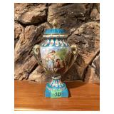 Decorative Porcelain Covered Urn with Gilt Accents and Figural Scenes
