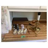 Assorted Decor and Household Items Including Lamp, Wooden Box, and Figurines