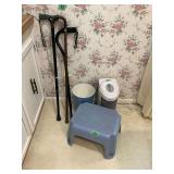 Assorted Walking Canes, Wastebasket, Stool, and Holmes Heater