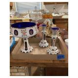 Floral Decorated Porcelain Compote with Matching Candlesticks, 3-Piece Set