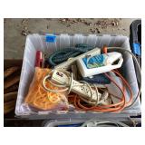 Storage Container with Power Cords, Extension Cords and Cleaning Supplies