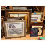 Collection of Framed Artworks and Decorative Sign