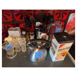 Kitchen Assortment Including Stainless Steel Kettle and Nabisco Cracker Tin