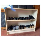 Two-Tier White Laminate Storage Shelf with Assorted Footwear